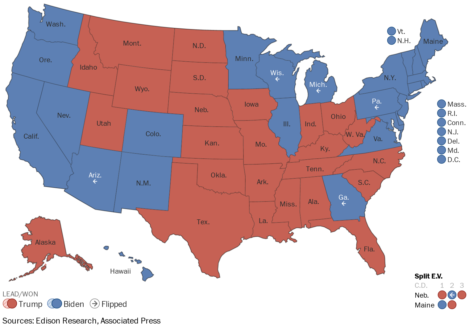 A map showing which states are leading or won by Joe Biden or Donald Trump.